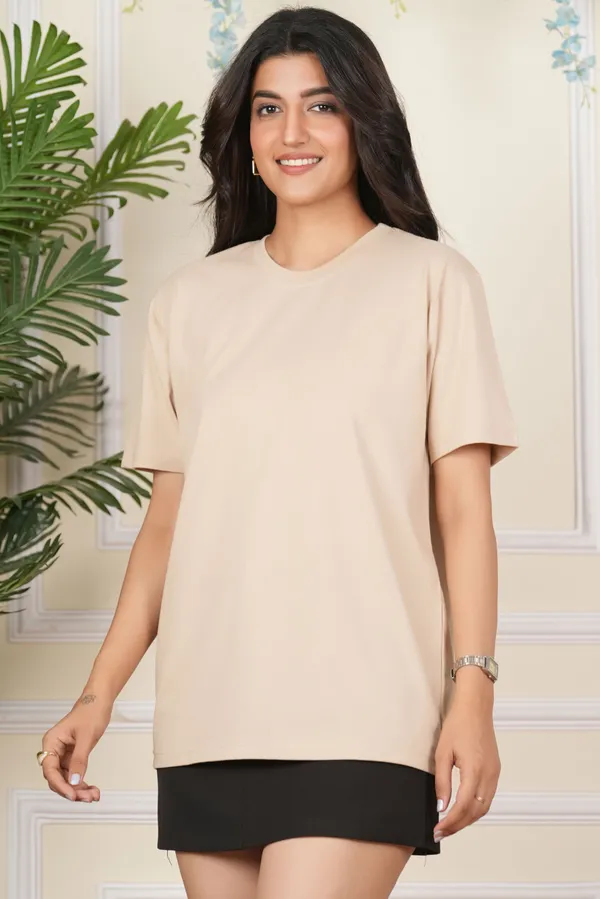 Beige_Solid_Round_Neck_T-Shirt_For_Women