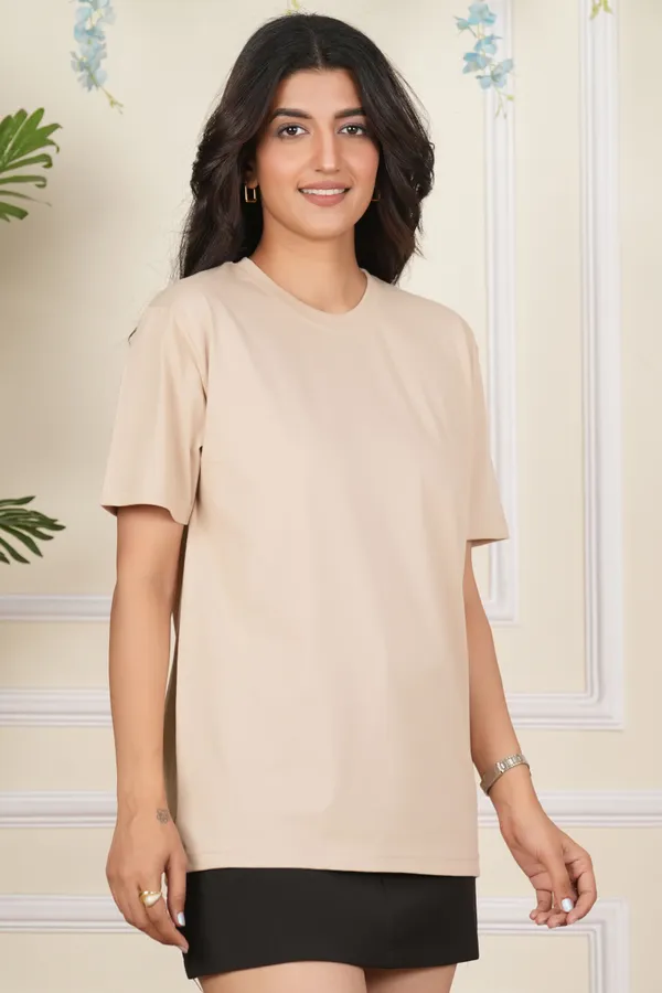 Beige_Solid_Round_Neck_T-Shirt_For_Women