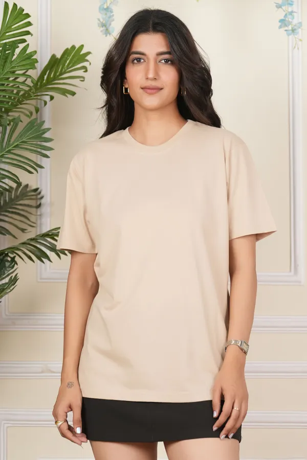 Beige_Solid_Round_Neck_T-Shirt_For_Women