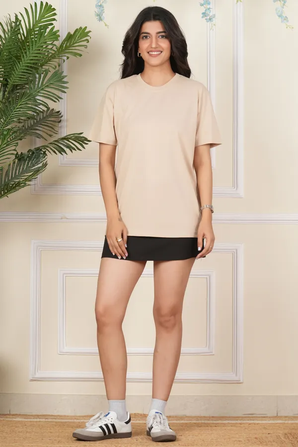 Beige_Solid_Round_Neck_T-Shirt_For_Women