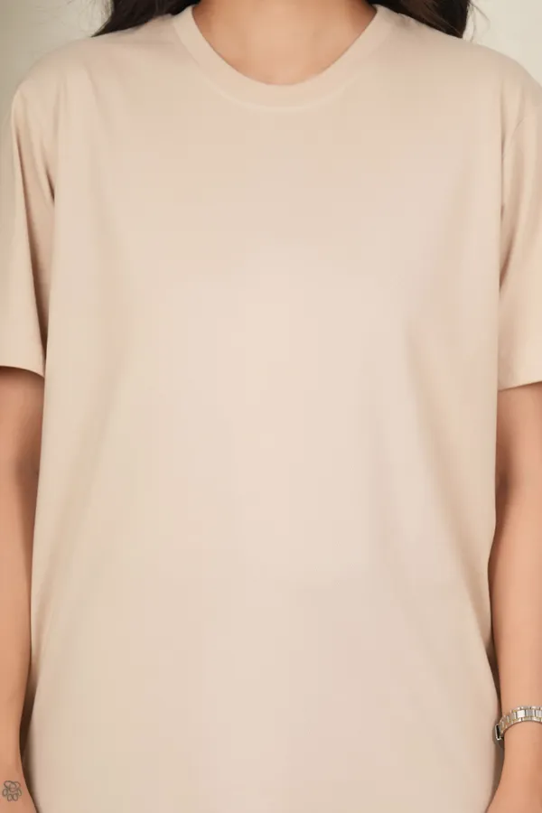 Beige_Solid_Round_Neck_T-Shirt_For_Women