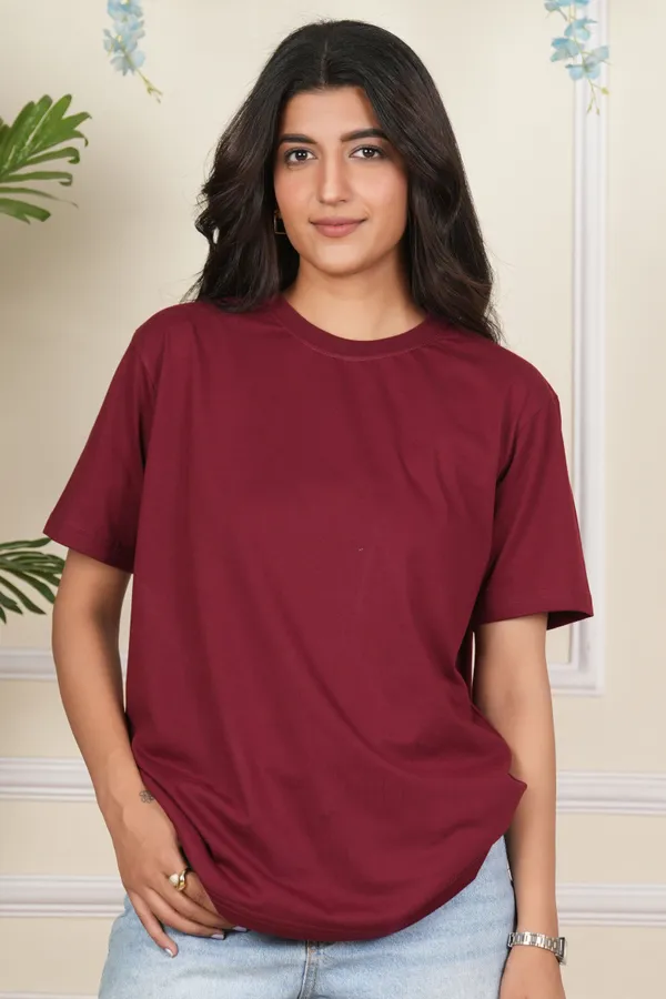 Maroon_Solid_Round_Neck_T-Shirt_For_Women