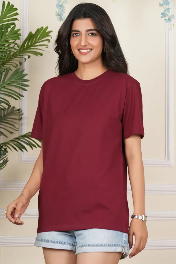 Maroon_Solid_Round_Neck_T-Shirt_For_Women