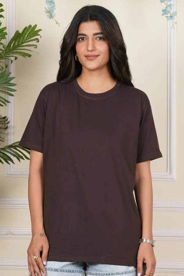 Brown_Solid_Round_Neck_T-Shirt_For_Women