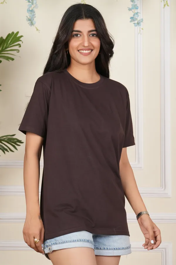 Brown_Solid_Round_Neck_T-Shirt_For_Women