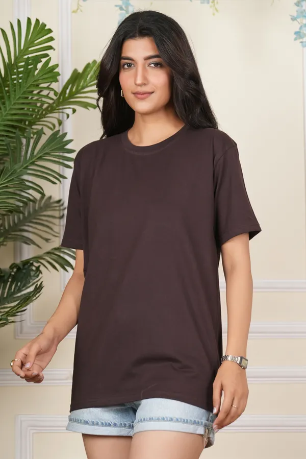 Brown_Solid_Round_Neck_T-Shirt_For_Women