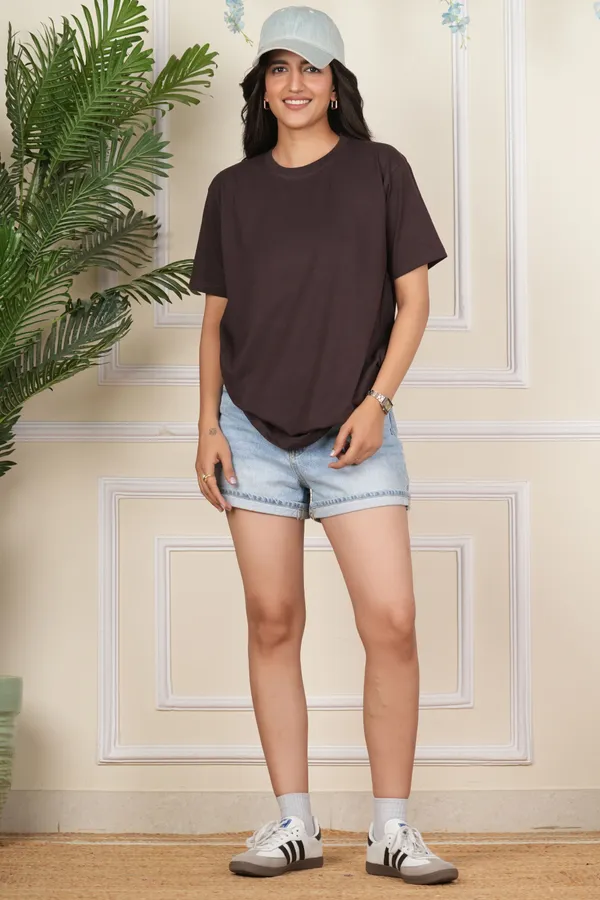 Brown_Solid_Round_Neck_T-Shirt_For_Women
