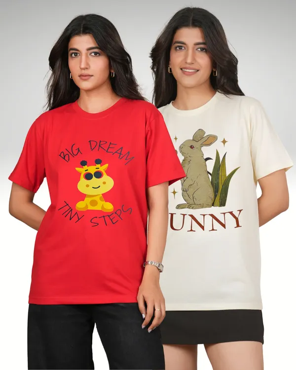 Red_And_Beige_Graphic_Print_Typography_Round_Neck_T-Shirt_For_Women