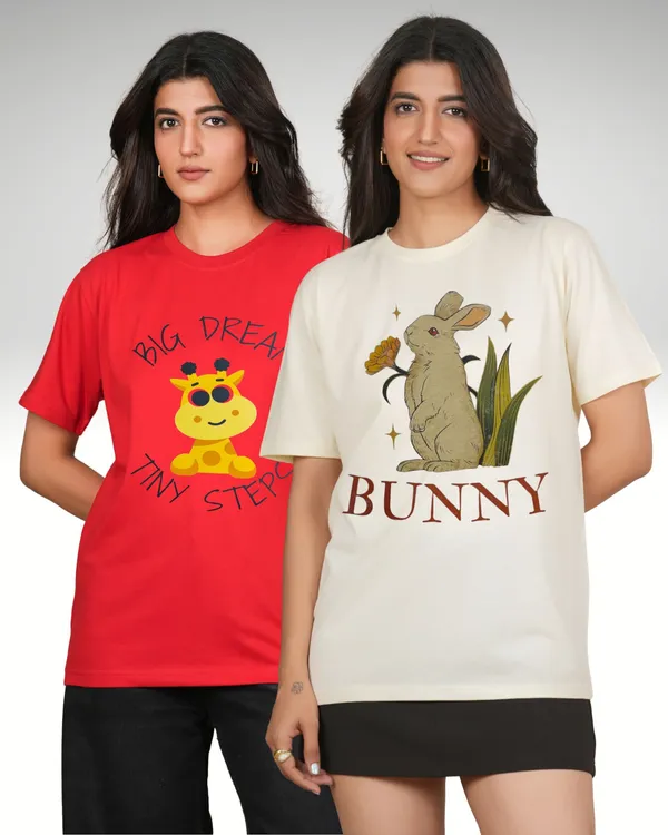 Red_And_Beige_Graphic_Print_Typography_Round_Neck_T-Shirt_For_Women