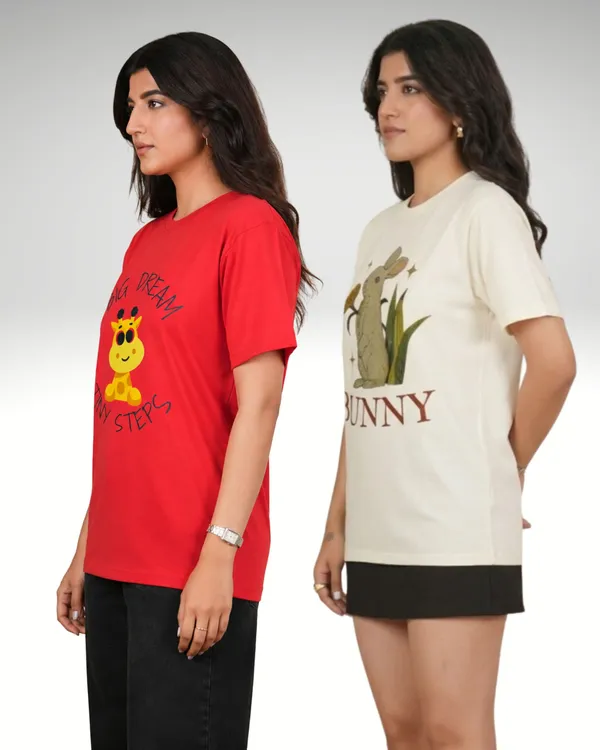 Red_And_Beige_Graphic_Print_Typography_Round_Neck_T-Shirt_For_Women