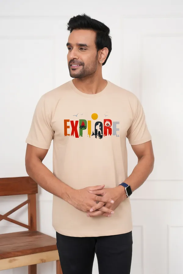 Beige_Graphic_Print_Printed_Typography_Round_Neck_T-Shirt_For_Men