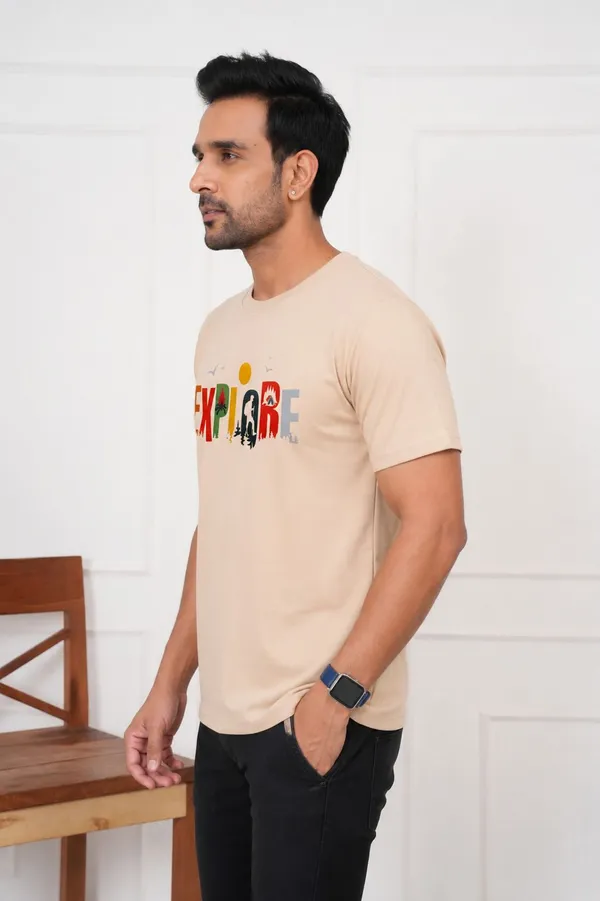 Beige_Graphic_Print_Printed_Typography_Round_Neck_T-Shirt_For_Men