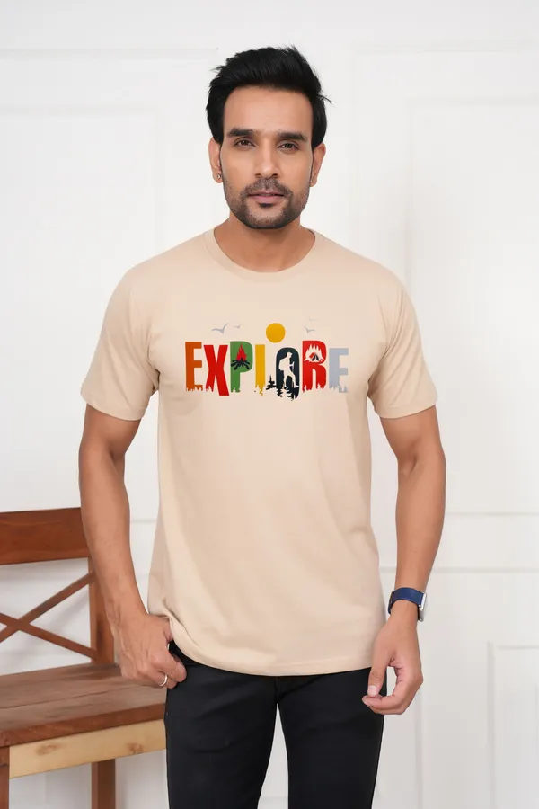 Beige_Graphic_Print_Printed_Typography_Round_Neck_T-Shirt_For_Men