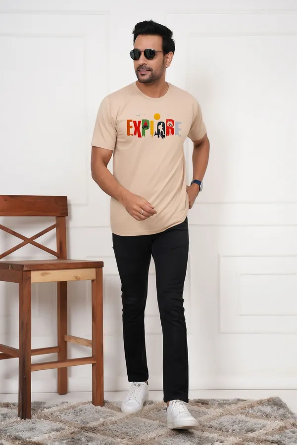 Beige_Graphic_Print_Printed_Typography_Round_Neck_T-Shirt_For_Men