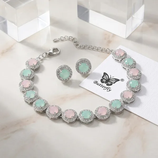 Silver_Metal_Pastel_Crystal_Bracelet_And_Earring_Set_For_Women