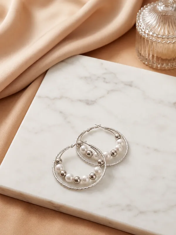 Silver_Textured_Hoop_Earrings_With_Pearl_And_Metal_Beads