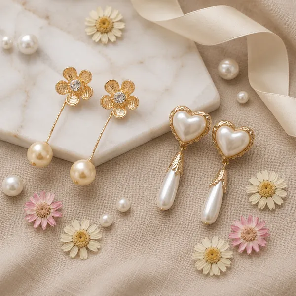 Gold_Pearl_Heart_Drop_Earrings_For_Women_+_Gold_Textured_Flower_Pearl_Drop_Earrings_For_Women