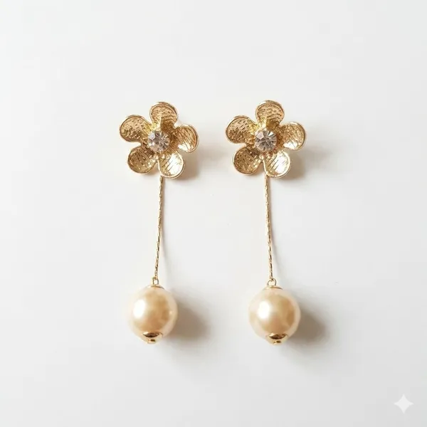 Gold_Pearl_Heart_Drop_Earrings_For_Women_+_Gold_Textured_Flower_Pearl_Drop_Earrings_For_Women