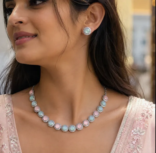 Silver_Metal_Pastel_Crystal_Necklace_And_Earring_Set_For_Women
