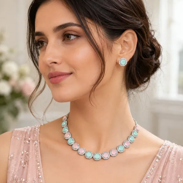 Silver_Metal_Pastel_Crystal_Necklace_And_Earring_Set_For_Women