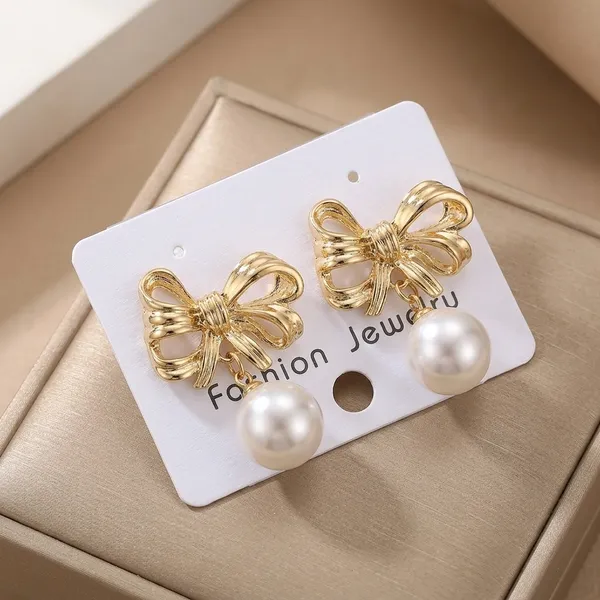 Gold_Metal_Bow_Pearl_Drop_Earrings_For_Women
