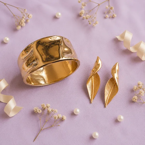 Gold_Tone_Stainless_Steel_Wide_Cuff_Bangle_Bracelet_+_Gold_Textured_Leaf_Design_Stud_Earrings_For_Women