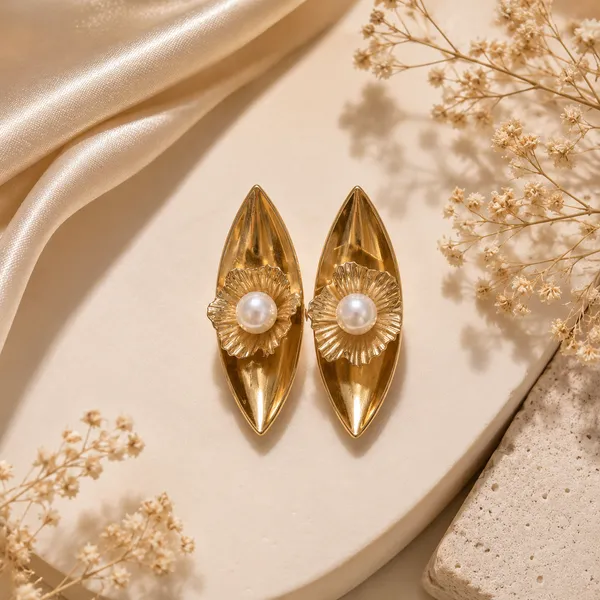Gold_Textured_Leaf_Design_Stud_Earrings_For_Women_+_Gold_Toned_Pearl_Floral_Stud_Earrings_For_Women