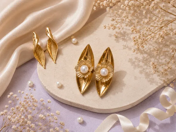 Gold_Textured_Leaf_Design_Stud_Earrings_For_Women_+_Gold_Toned_Pearl_Floral_Stud_Earrings_For_Women