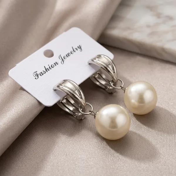 White_Pearl_Silver_Metal_Clip-On_Drop_Earrings_For_Women