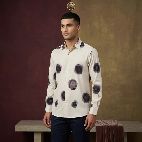 White_Black_Tencel_Regular_Fit_Polka_Dot_Print_Shirt_For_Men
