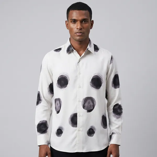 White_Black_Tencel_Regular_Fit_Polka_Dot_Print_Shirt_For_Men