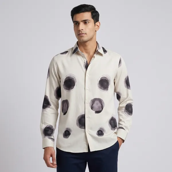 White_Black_Tencel_Regular_Fit_Polka_Dot_Print_Shirt_For_Men