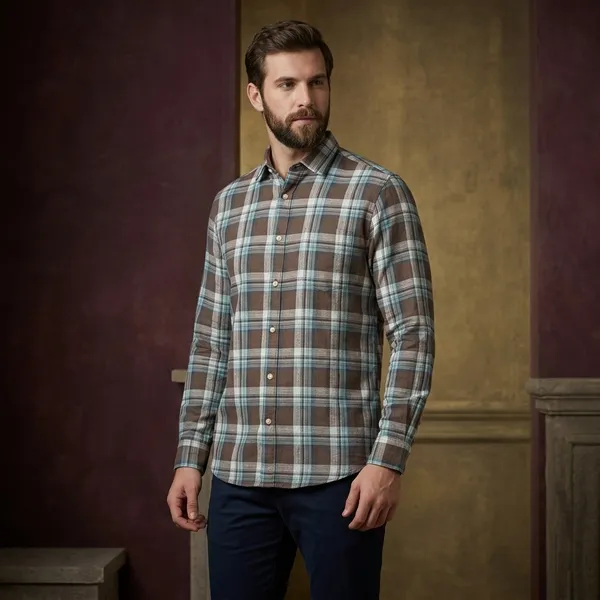 Brown_Linen_Cotton_Regular_Fit_Plaid_Check_Shirt_For_Men