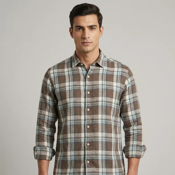 Brown_Linen_Cotton_Regular_Fit_Plaid_Check_Shirt_For_Men