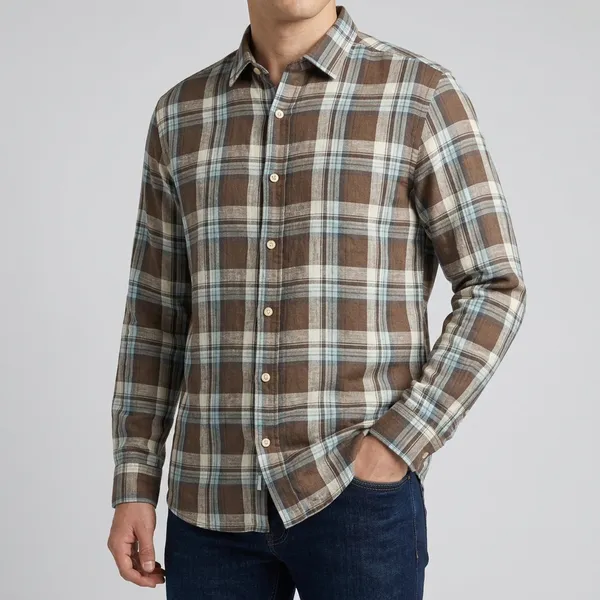Brown_Linen_Cotton_Regular_Fit_Plaid_Check_Shirt_For_Men