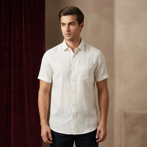 Cream_Linen_Cotton_Short_Sleeve_Formal_Shirt_For_Men