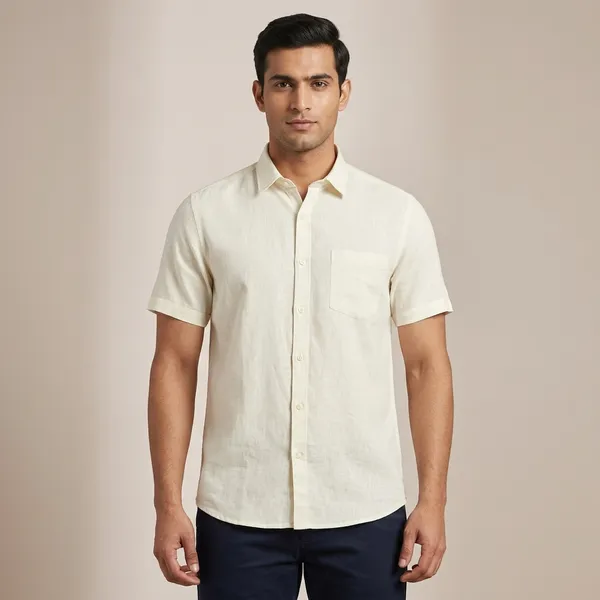 Cream_Linen_Cotton_Short_Sleeve_Formal_Shirt_For_Men