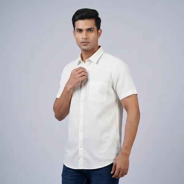 Cream_Linen_Cotton_Short_Sleeve_Formal_Shirt_For_Men
