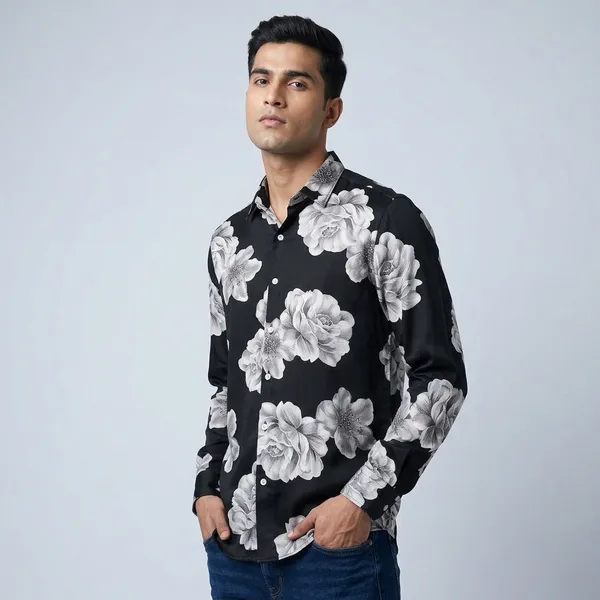 Black_Tencel_Floral_Print_Full_Sleeve_Casual_Shirt_For_Men