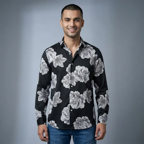Black_Tencel_Floral_Print_Full_Sleeve_Casual_Shirt_For_Men