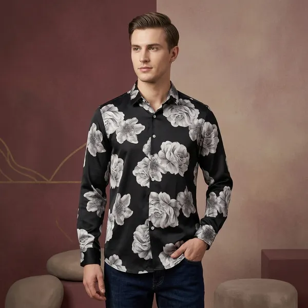 Black_Tencel_Floral_Print_Full_Sleeve_Casual_Shirt_For_Men