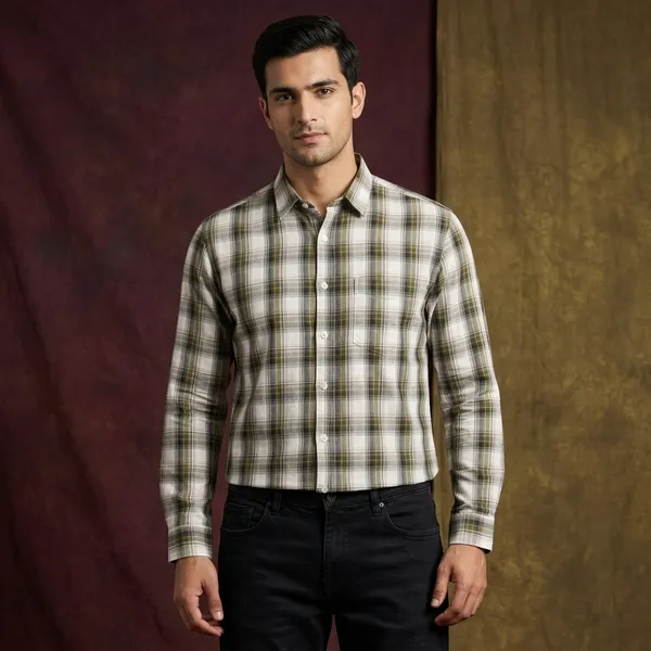 Cream_Green_Checked_Cotton_Casual_Shirt_For_Men