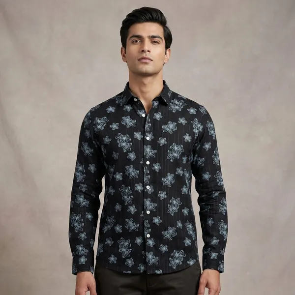 Black_Linen_Cotton_Floral_Print_Full_Sleeve_Shirt_For_Men