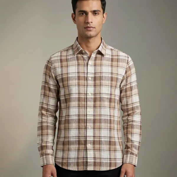 Brown_Linen_Cotton_Plaid_Check_Casual_Shirt_For_Men