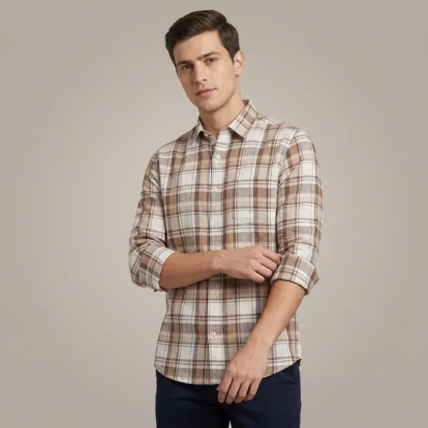 Brown_Linen_Cotton_Plaid_Check_Casual_Shirt_For_Men
