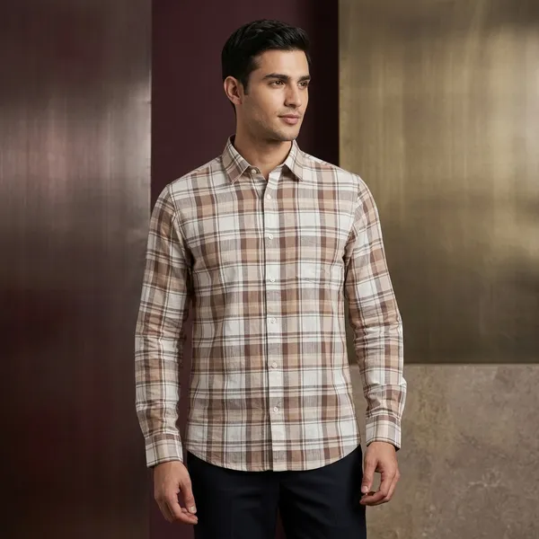 Brown_Linen_Cotton_Plaid_Check_Casual_Shirt_For_Men