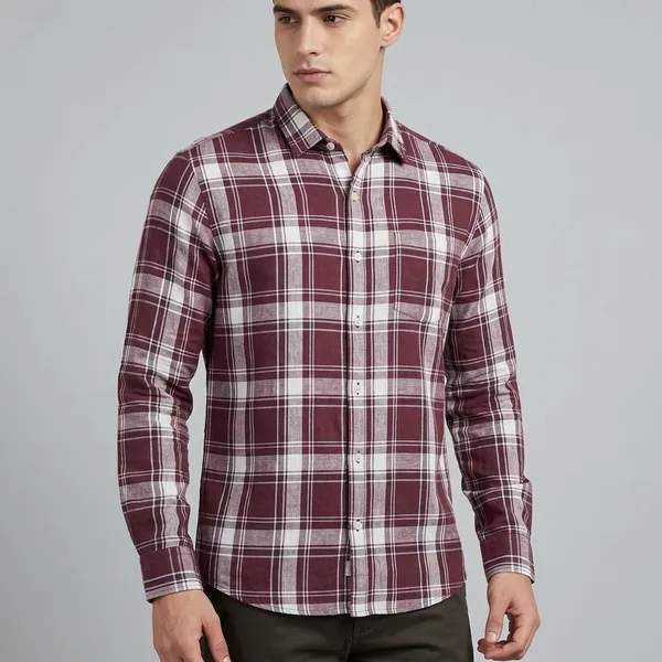 Wine_Plaid_Linen_Cotton_Full_Sleeve_Casual_Shirt_For_Men