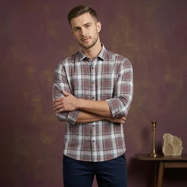 Wine_Plaid_Linen_Cotton_Full_Sleeve_Casual_Shirt_For_Men