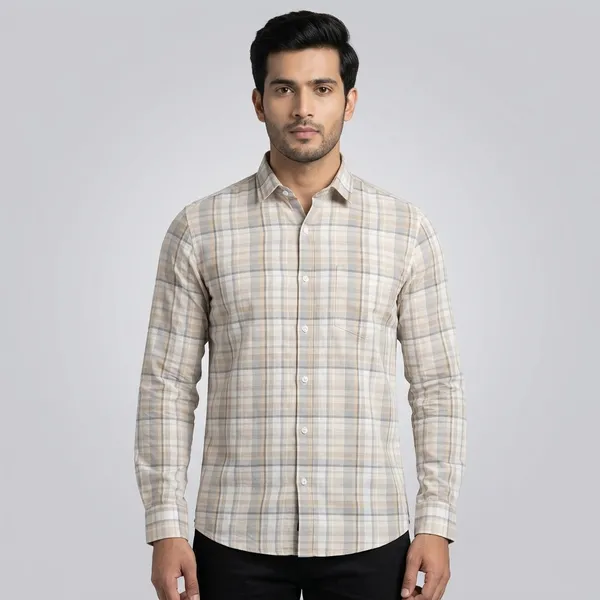 Cream_Grey_Plaid_Check_Cotton_Full_Sleeve_Shirt_For_Men