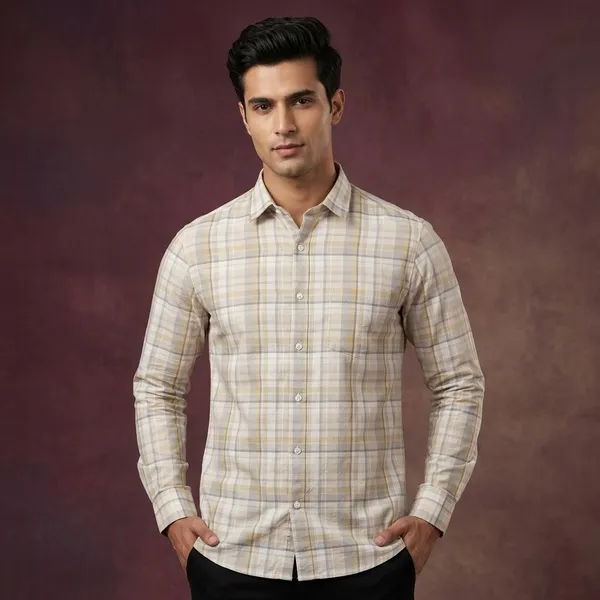 Cream_Grey_Plaid_Check_Cotton_Full_Sleeve_Shirt_For_Men